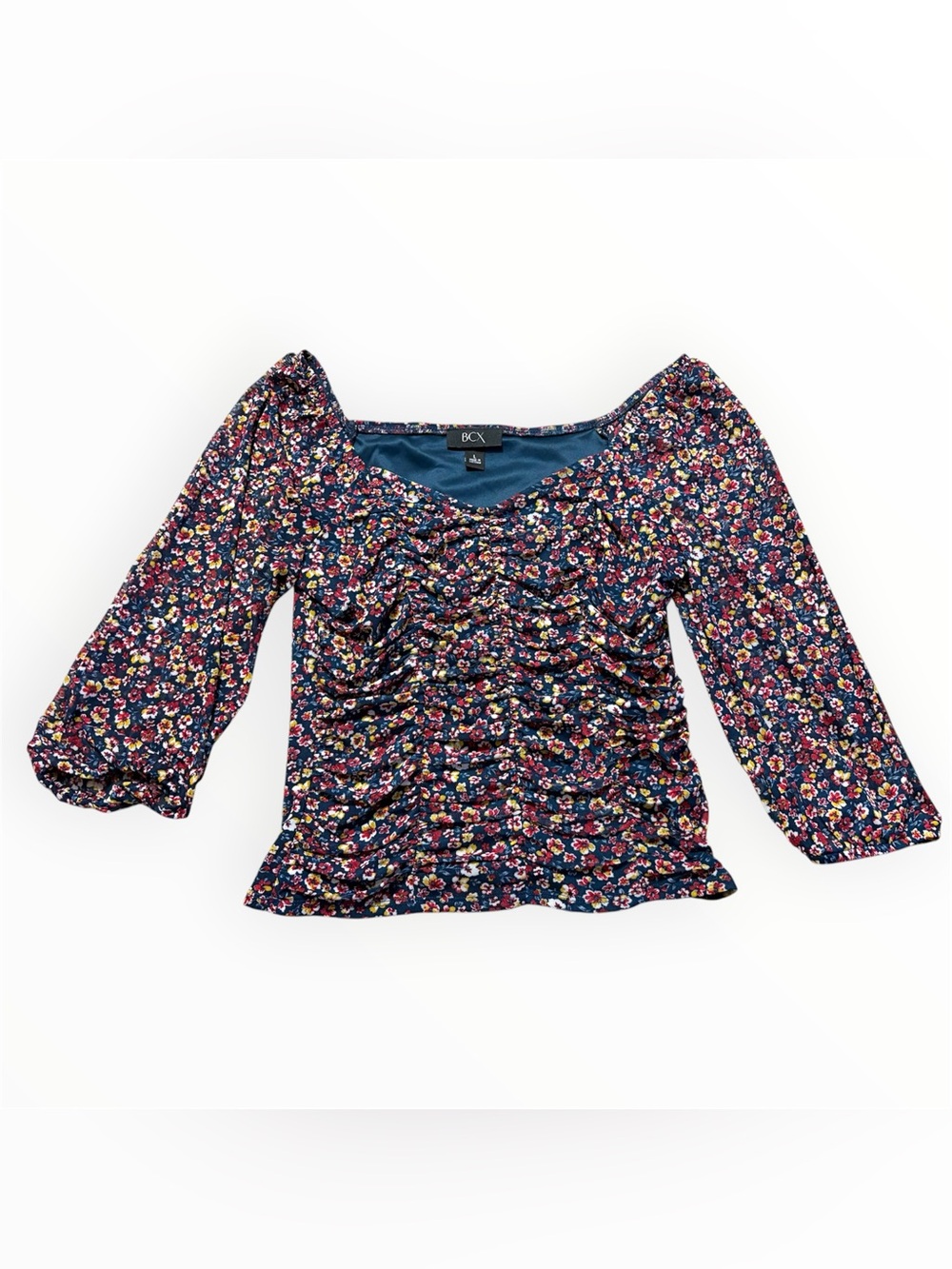 BCX Floral Mesh Ruched-Front 3/4-Sleeve Top